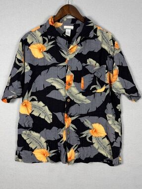 Vintage Breakwater Mens Medium Rayon Hawaiian Shirt Black